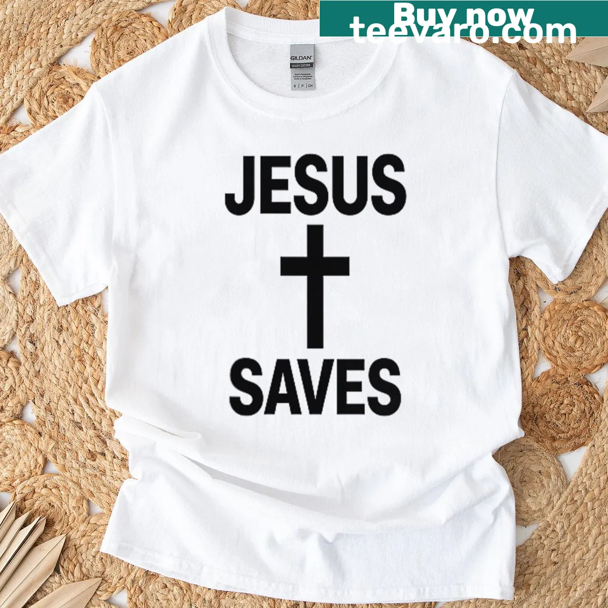 T-shirt with 'Jesus Saves' text displayed on front and back — on a men's t-shirt
