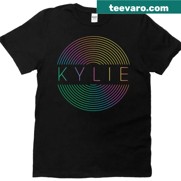 T-shirt featuring a vinyl record graphic with rainbow motifs inspired by Kylie Minogue