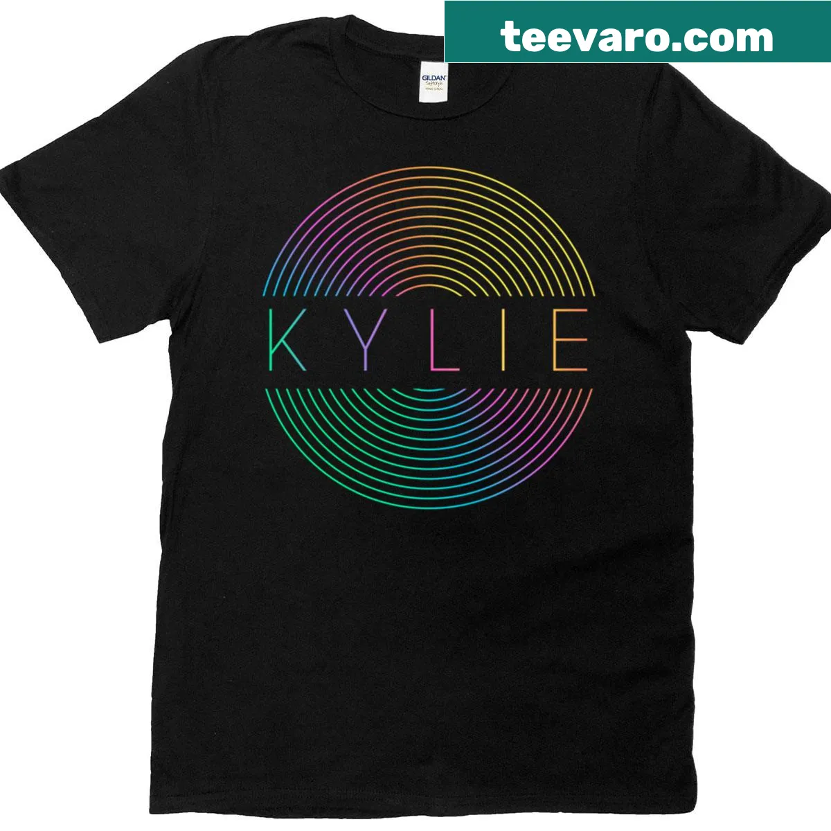 T-shirt featuring a vinyl record graphic with rainbow motifs inspired by Kylie Minogue — on a men's t-shirt