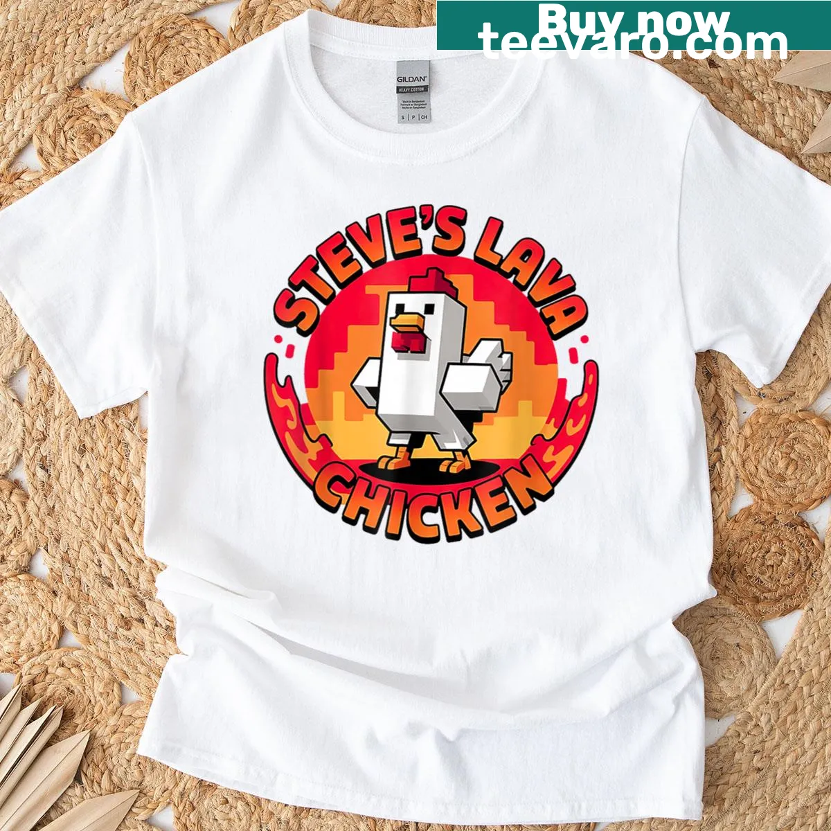 Lava chicken pixel graphic T-shirt for kids — on a men's t-shirt