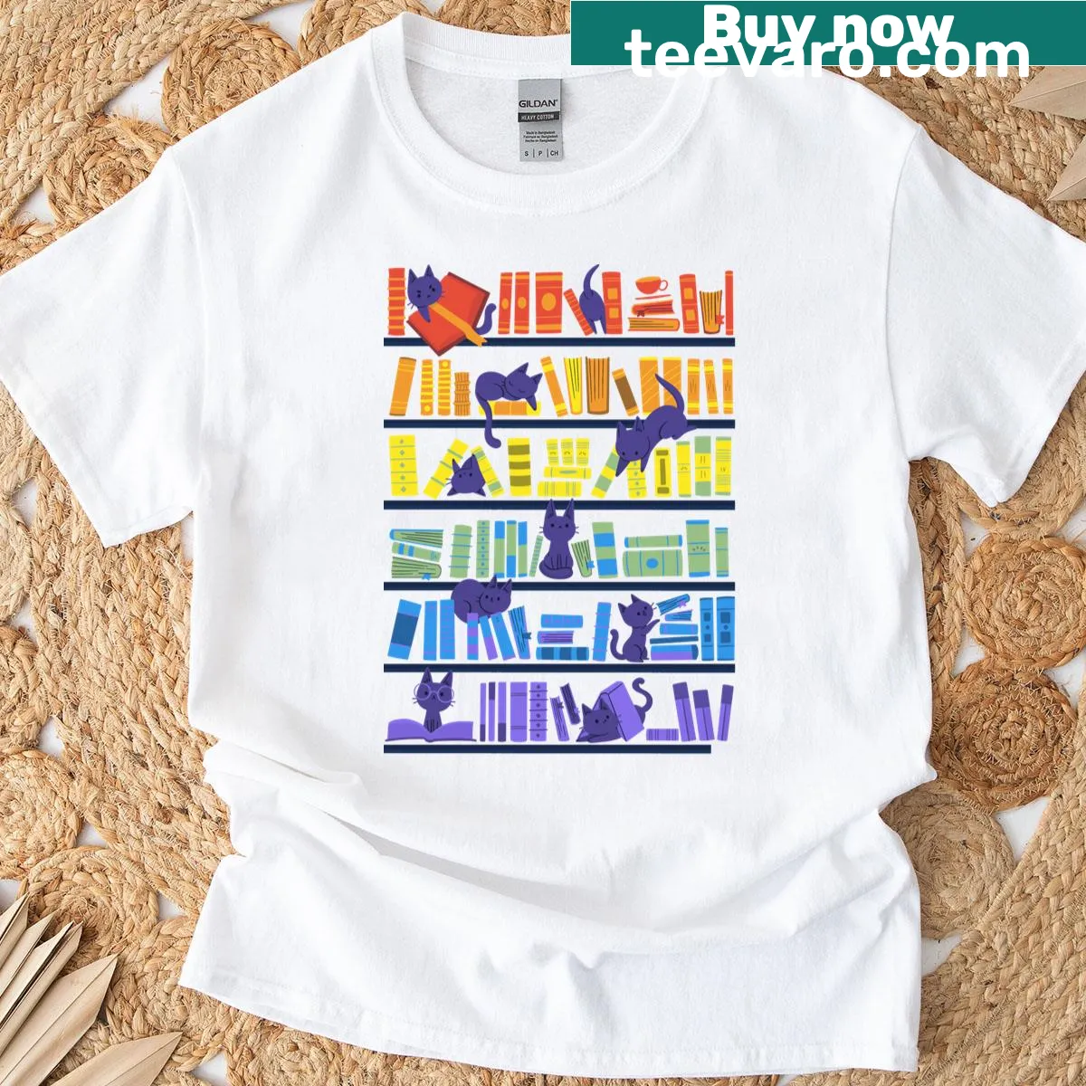 Adorable T-shirt featuring kittens in a library setting — on a men's t-shirt