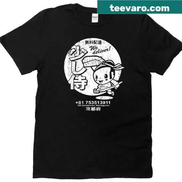 Vintage-style Little Samurai sushi graphic on a kids t-shirt