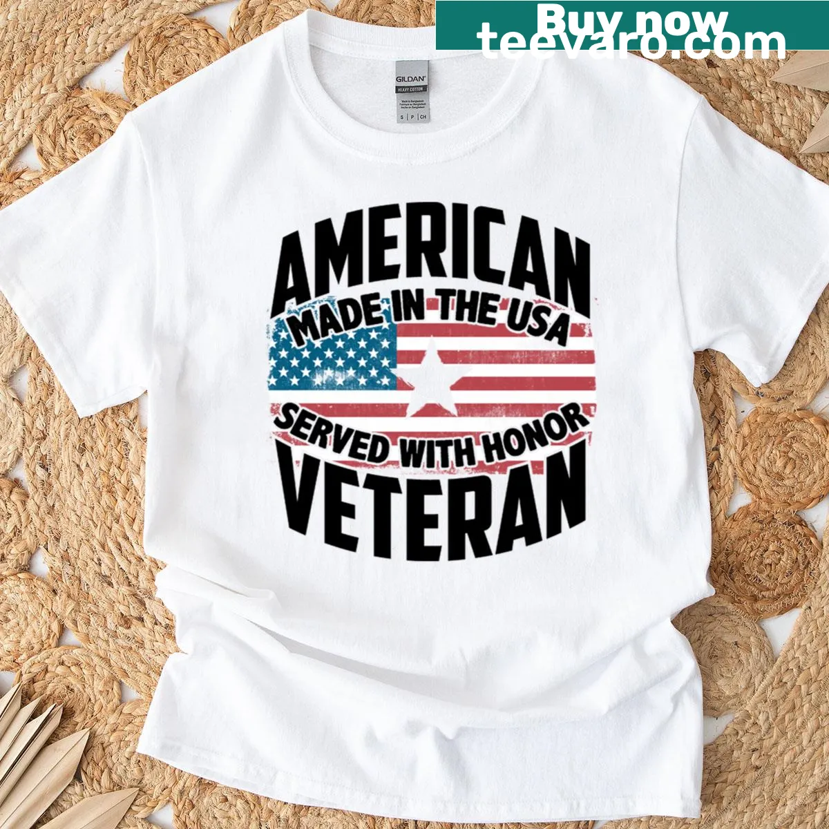 Illustrated Made In America T-shirt with patriotic design — on a men's t-shirt