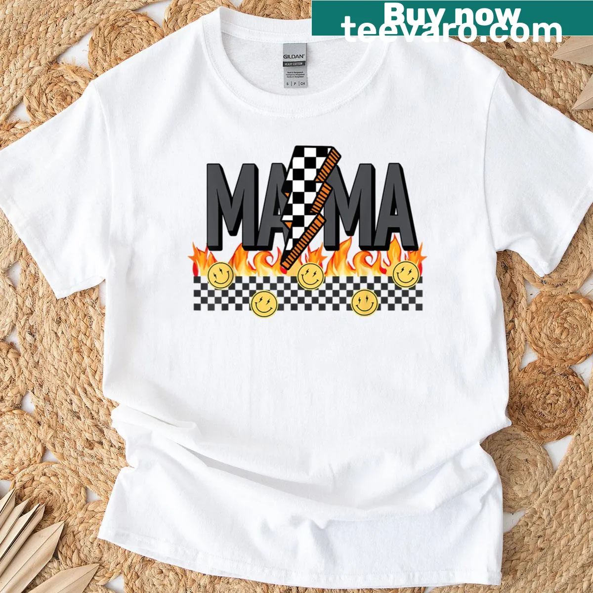 T-shirt celebrating moms with checkered lightning design — on a men's t-shirt