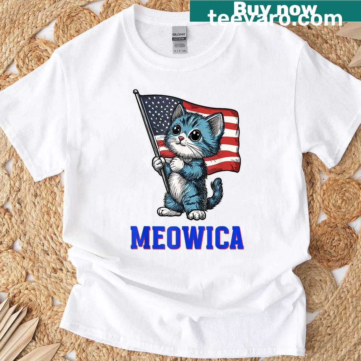 Patriotic cat graphic with stars and stripes for Memorial Day and July 4th — on a men's t-shirt