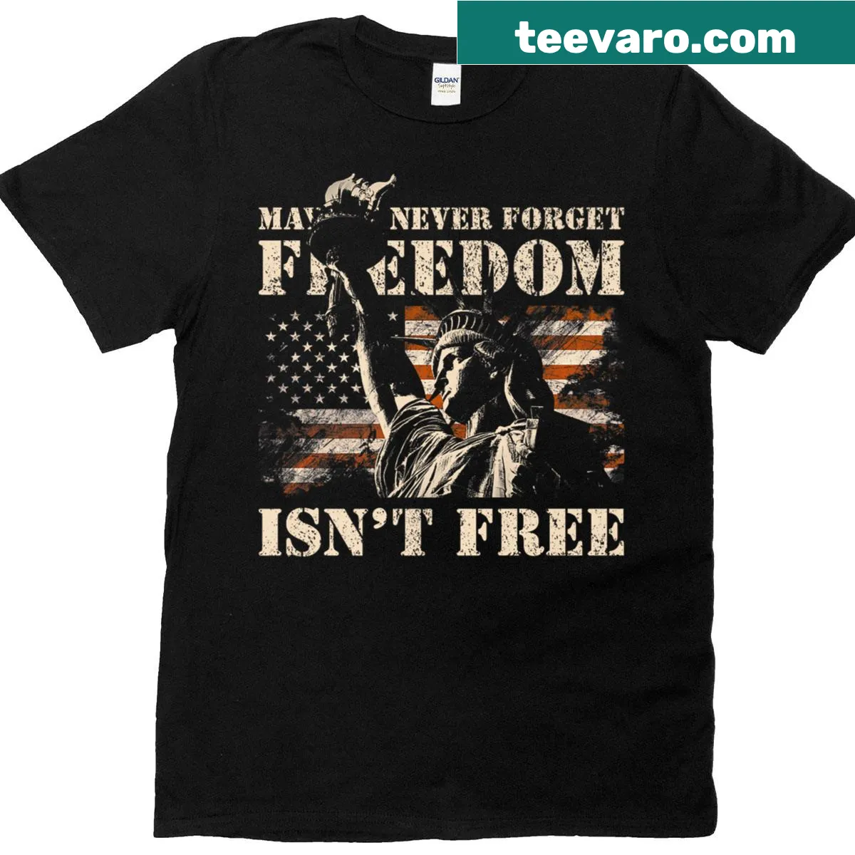Memorial Day t-shirt featuring 'May We Never Forget' text — on a men's t-shirt