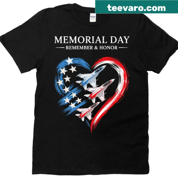 Fighter jet design Memorial Day T-shirt with Remember and Honor text