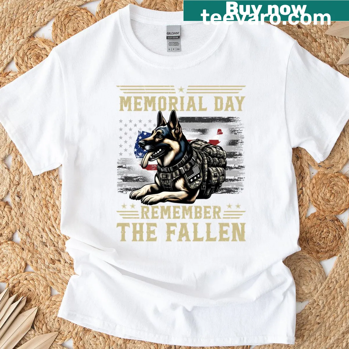 Illustrated t-shirt honoring military dogs for Memorial Day — on a men's t-shirt