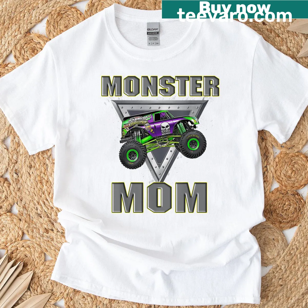 Illustration of a monster truck with text celebrating moms — on a men's t-shirt