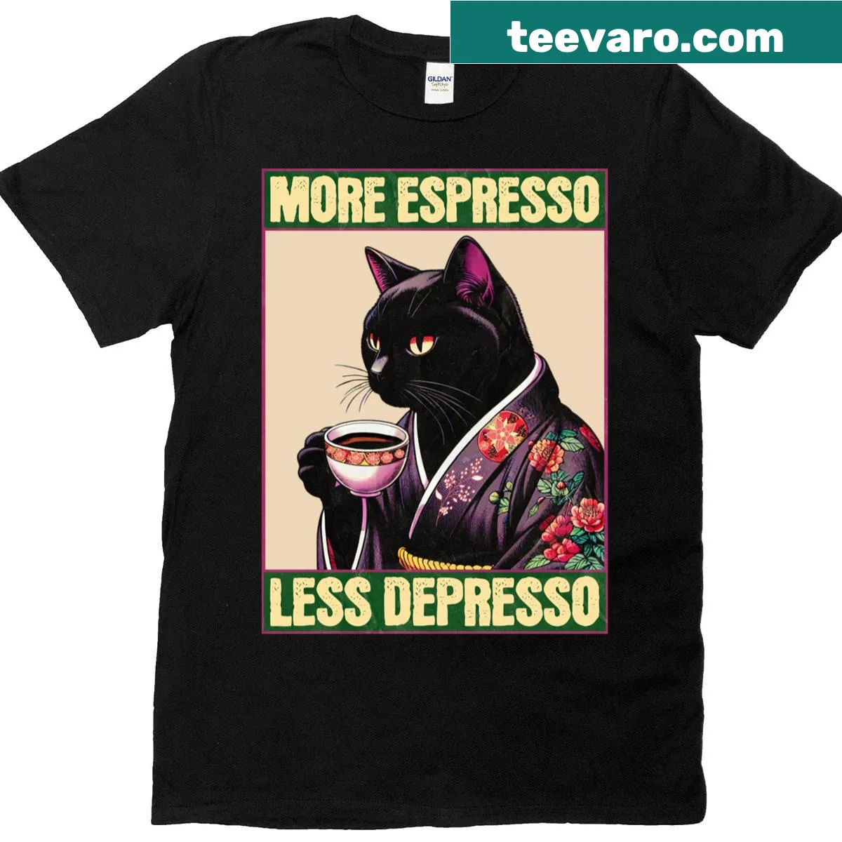Funny coffee-themed T-shirt with cat graphic and humorous text — on a men's t-shirt
