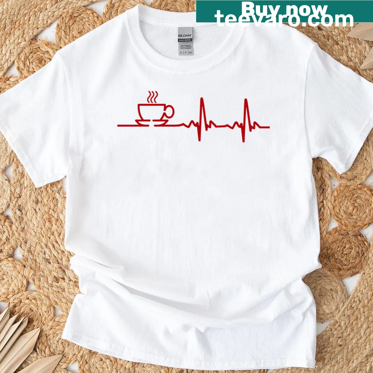 Fitted T-shirt with heartbeat EKG graphic intertwined with coffee elements — on a men's t-shirt