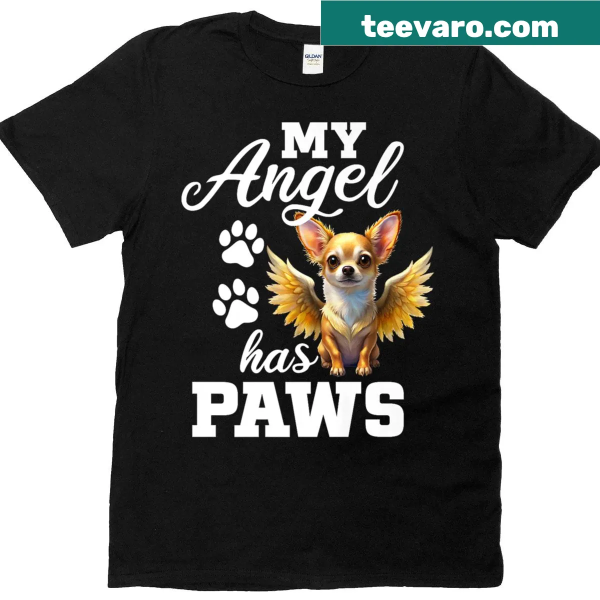 Illustrated Chihuahua angel T-shirt for dog memorial — on a men's t-shirt