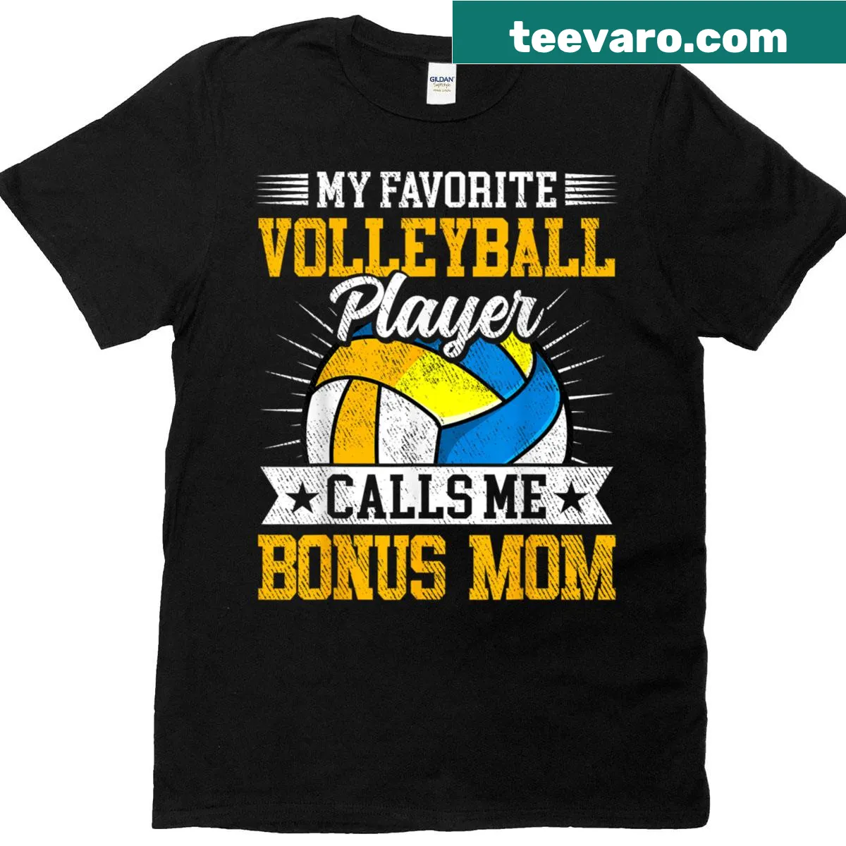 T-shirt featuring 'My Favorite Volleyball Player Calls Me Bonus Mom' text — on a men's t-shirt
