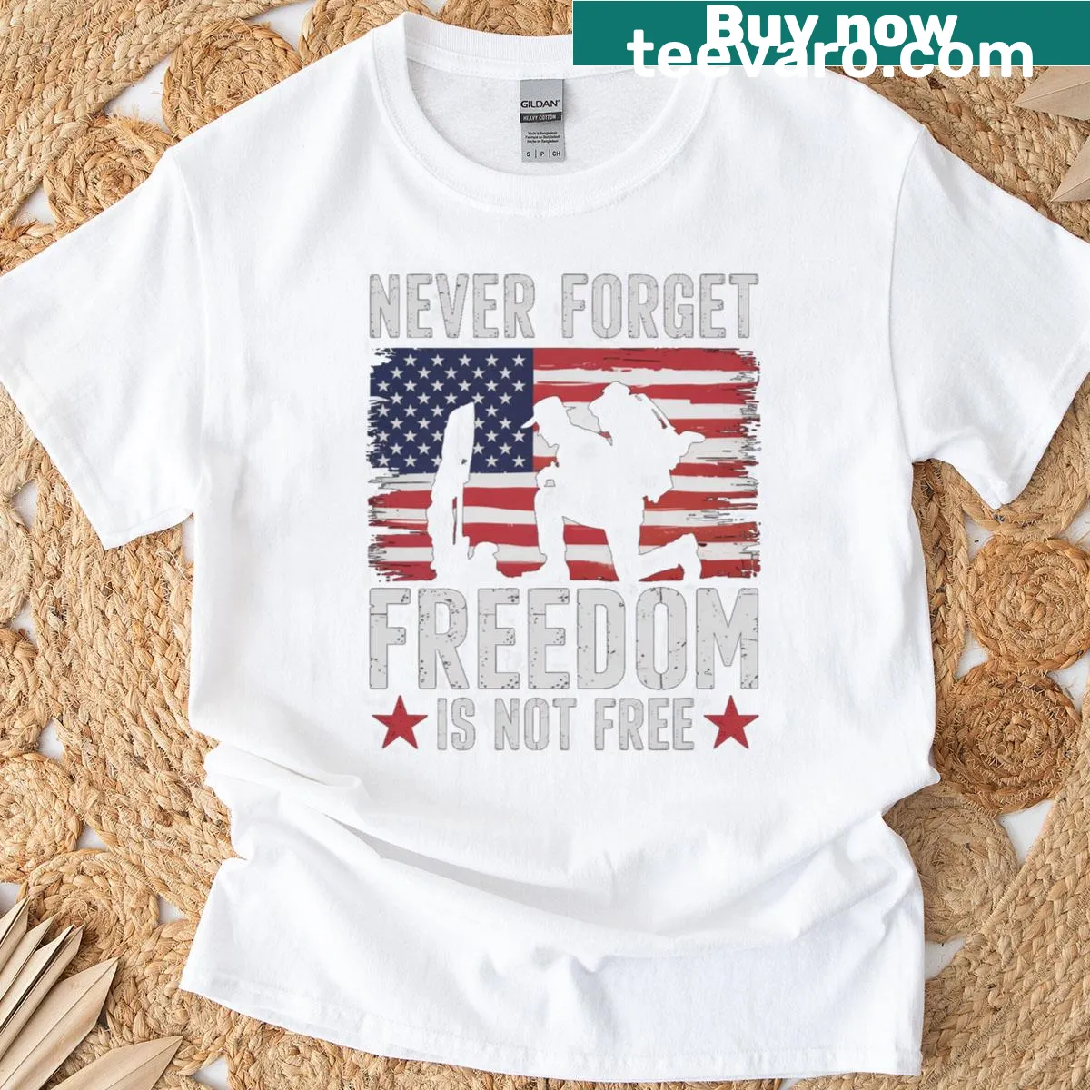 T-shirt with patriotic graphics and the phrase Never Forget — on a men's t-shirt