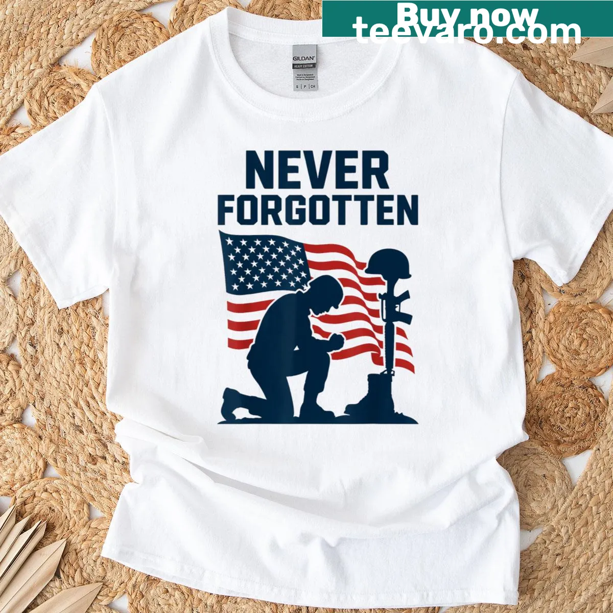 T-shirt honoring fallen soldiers with Never Forgotten text — on a men's t-shirt