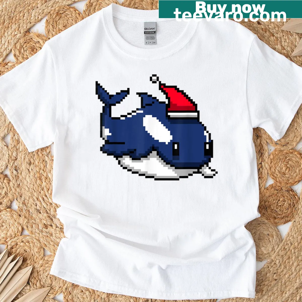 Funny Christmas T-shirt with a pixelated orca design — on a men's t-shirt