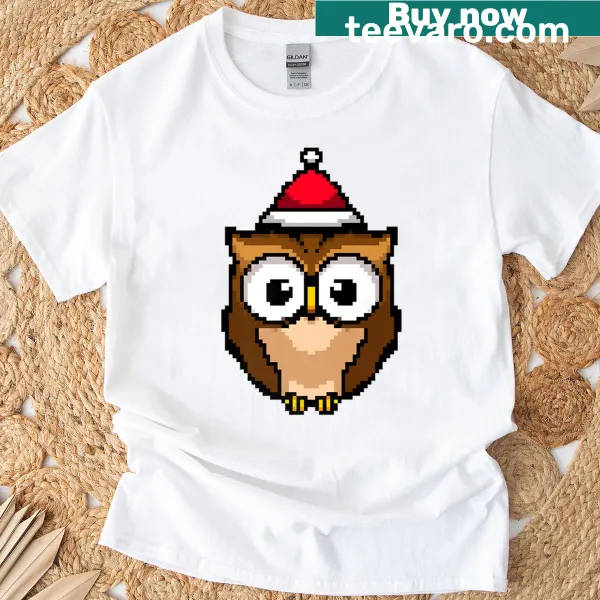 Funny Christmas T-shirt with a pixelated owl design