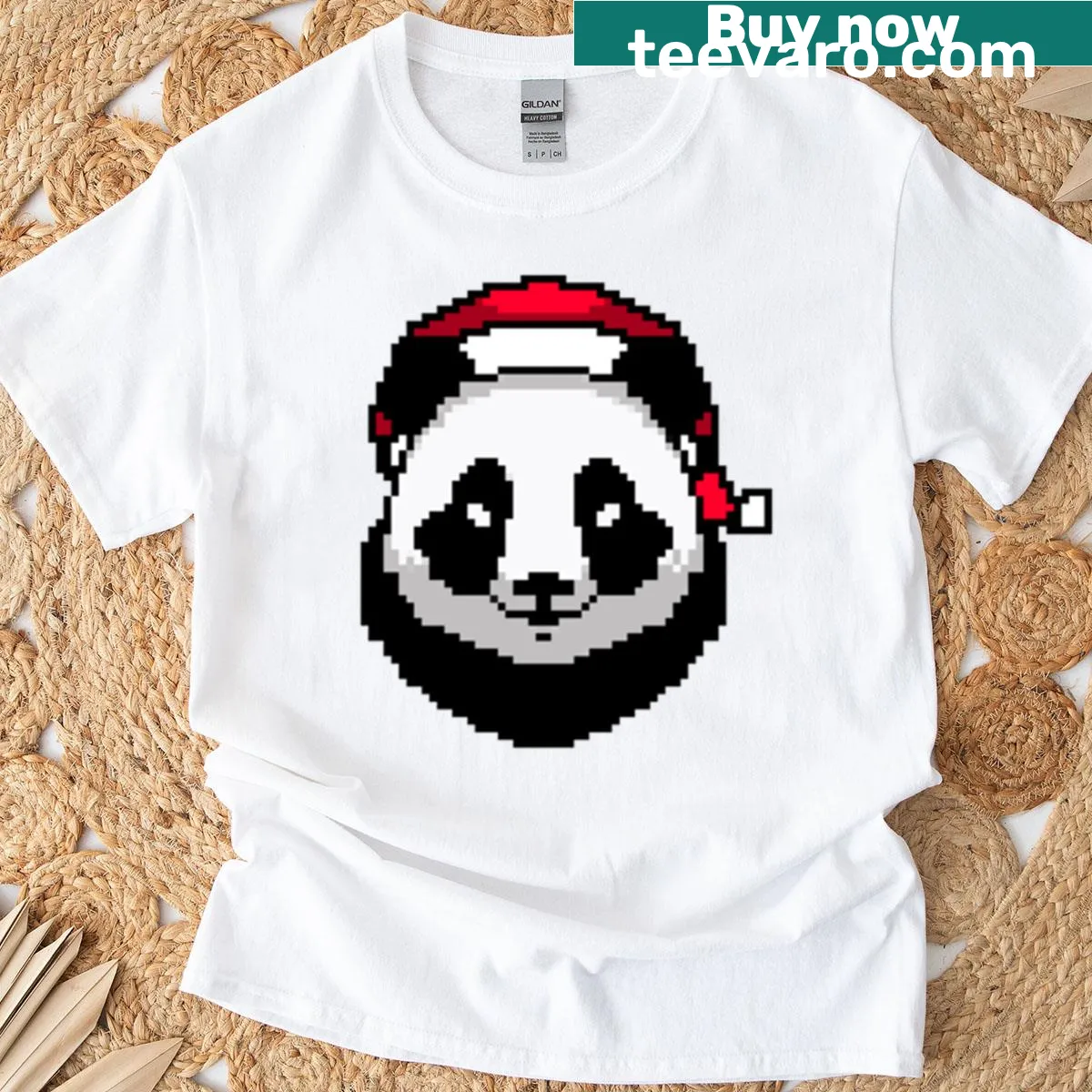 Funny Christmas T-shirt with pixelated panda design and holiday themes — on a men's t-shirt