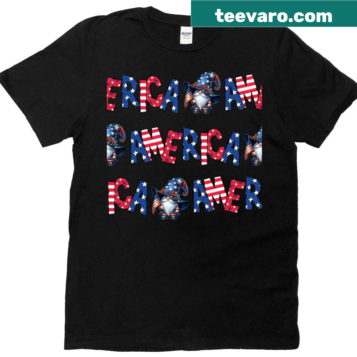 Gnomes holding the American flag graphic on t-shirt — on a men's t-shirt