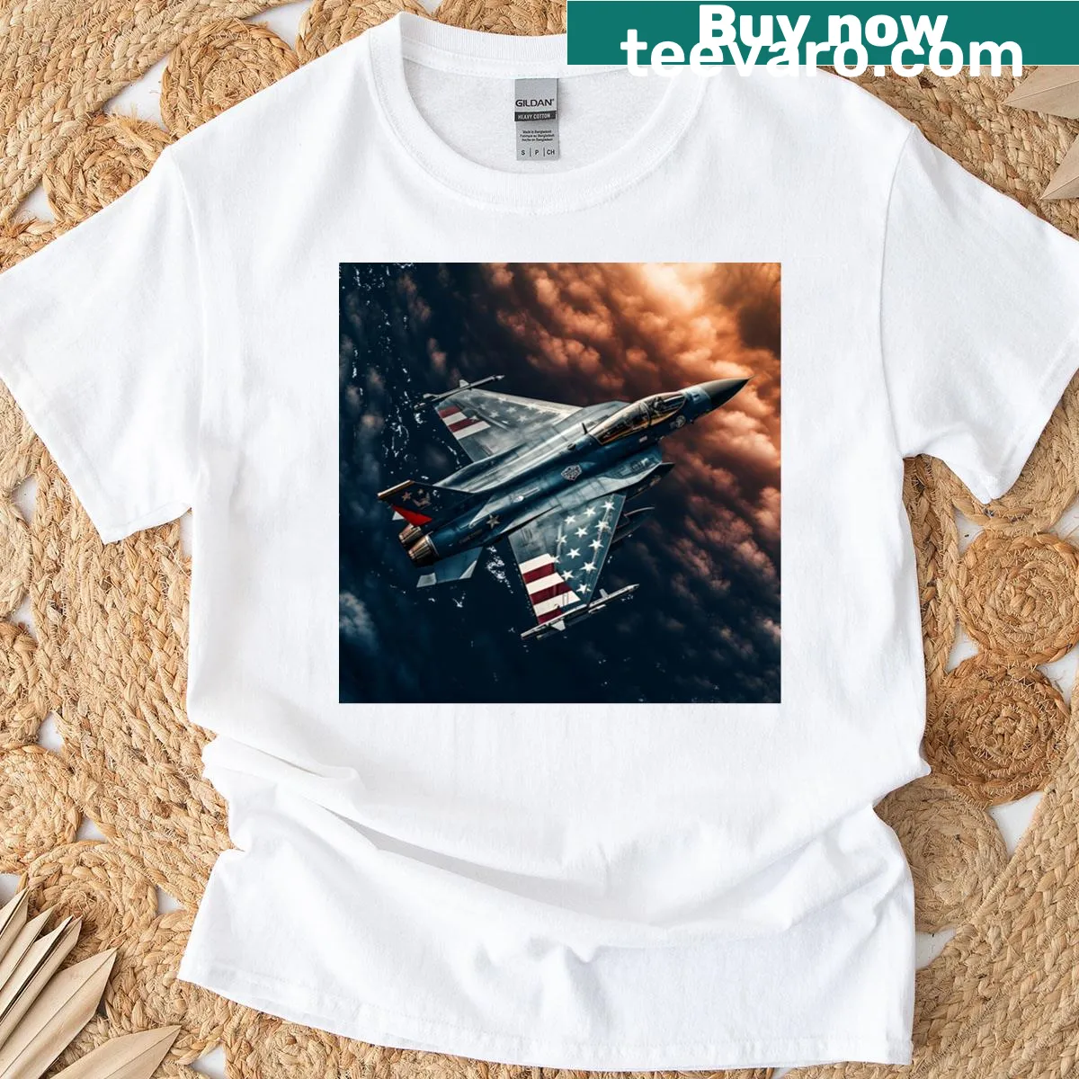 Patriotic T-shirt featuring American flag and fighter jet design — on a men's t-shirt