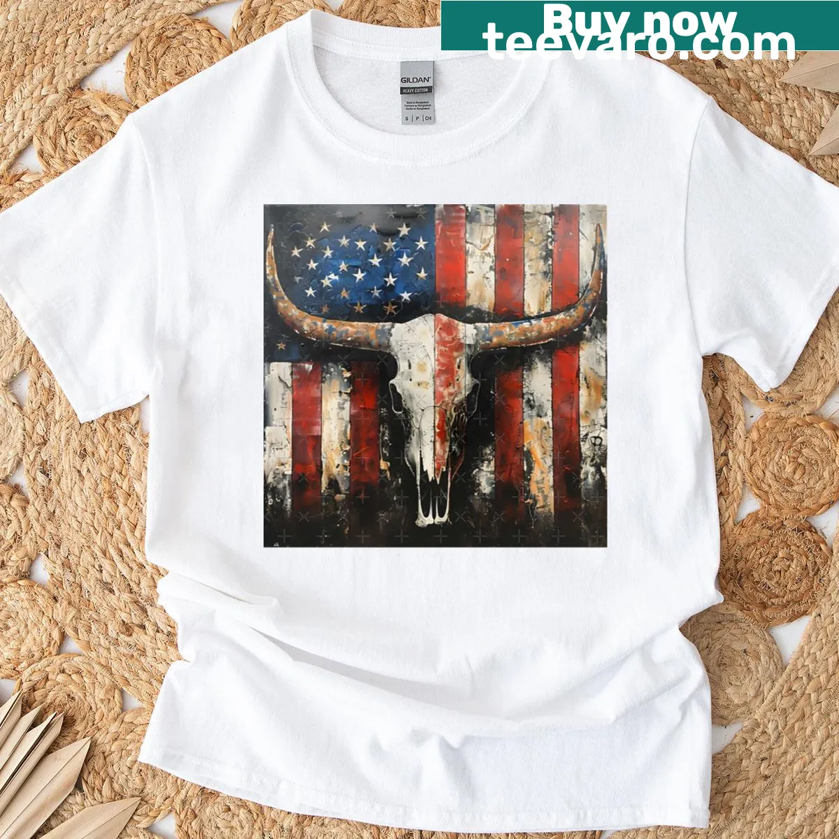 Longhorn skull art with an American flag graphic on a T-shirt — on a men's t-shirt