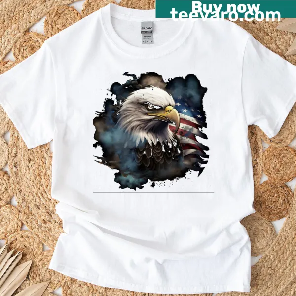 Bald eagle graphic over the American flag on a T-shirt