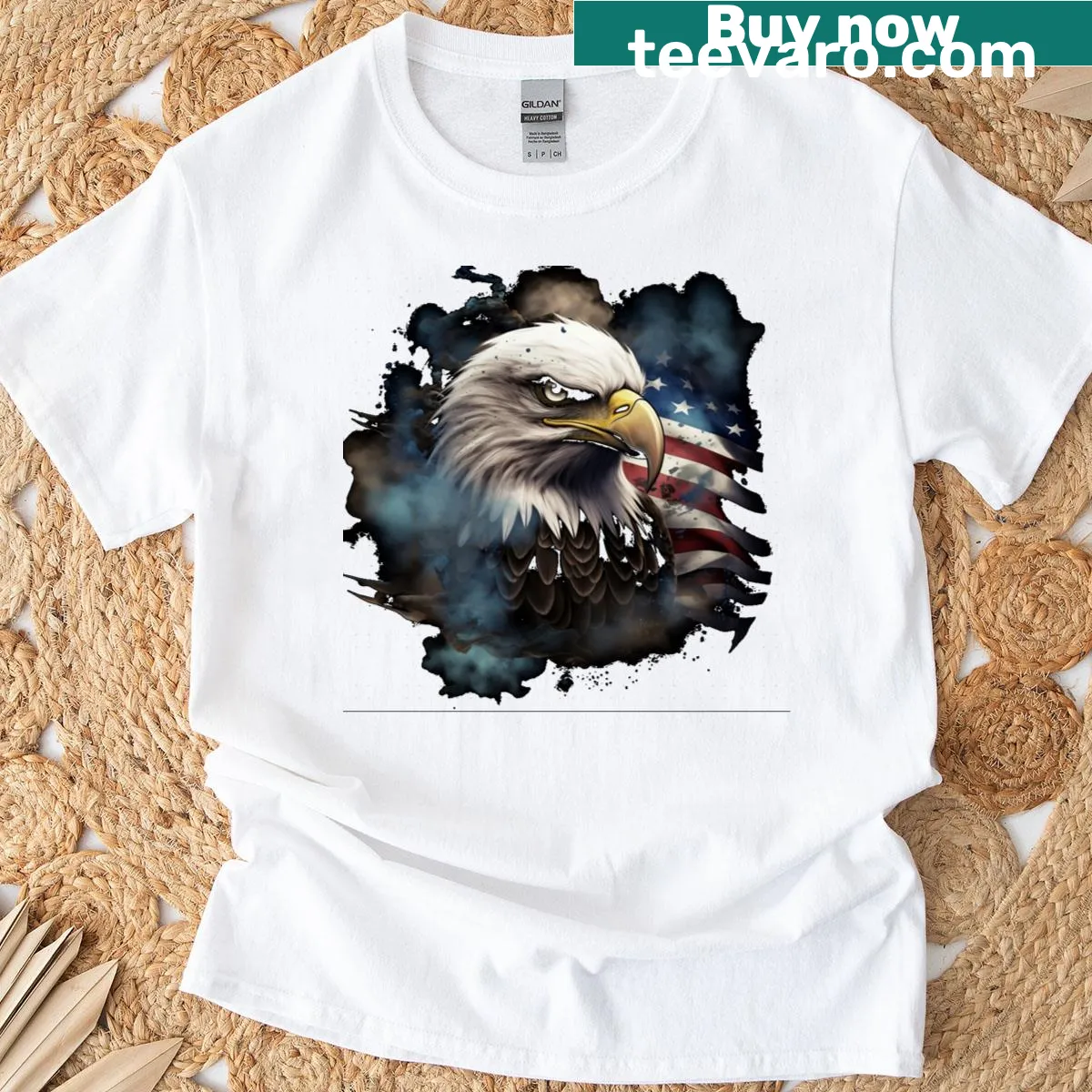 Bald eagle graphic over the American flag on a T-shirt — on a men's t-shirt