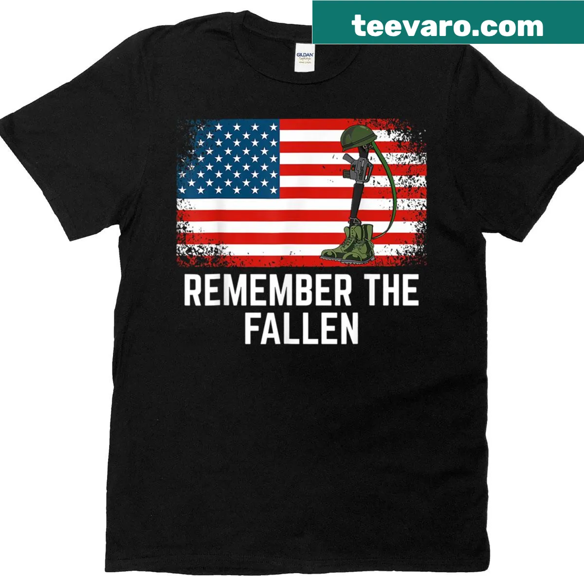 Memorial Day t-shirt with American flag and remembrance text — on a men's t-shirt