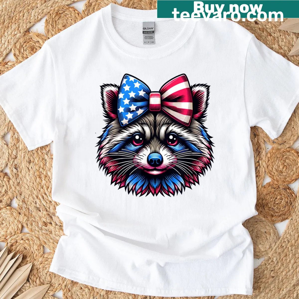 Cute raccoon graphic T-shirt with American flag elements — on a men's t-shirt