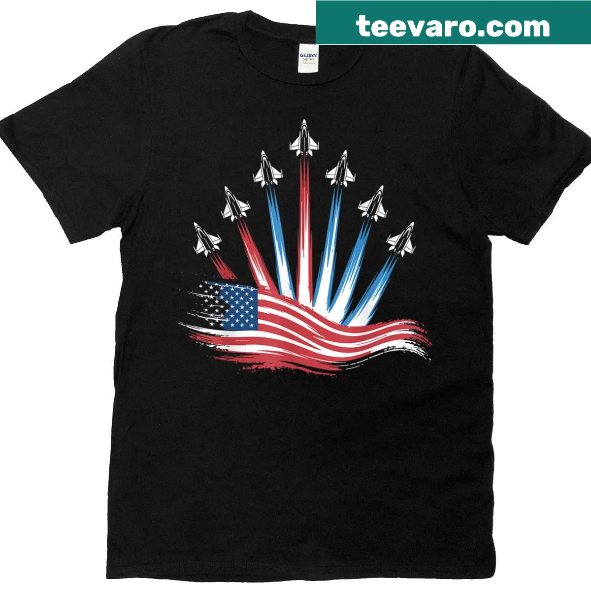 Fighter jets flying over USA flag graphic on t-shirt — on a men's t-shirt