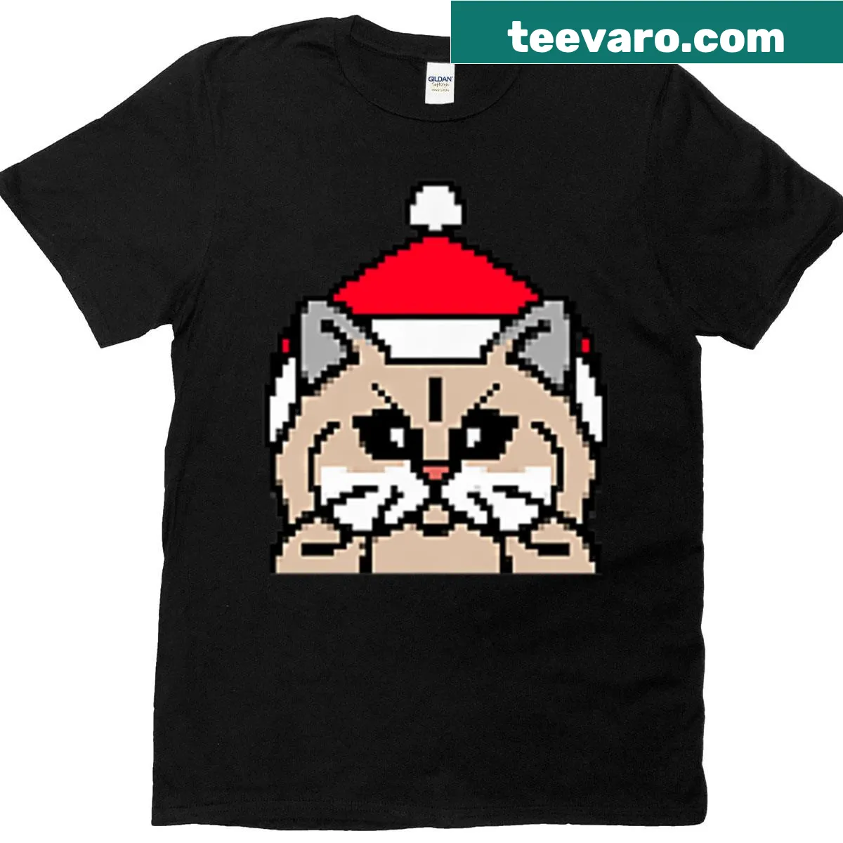 Pixelated Persian cat in holiday attire on a Christmas themed t-shirt — on a men's t-shirt