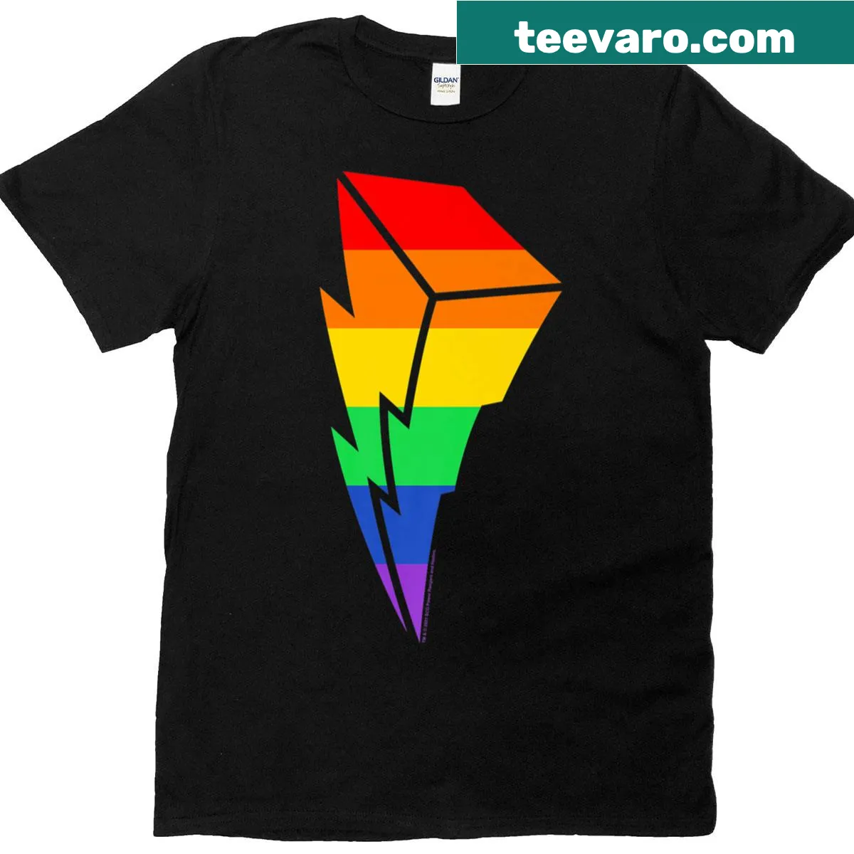 Power Rangers themed t-shirt featuring a rainbow bolt design — on a men's t-shirt