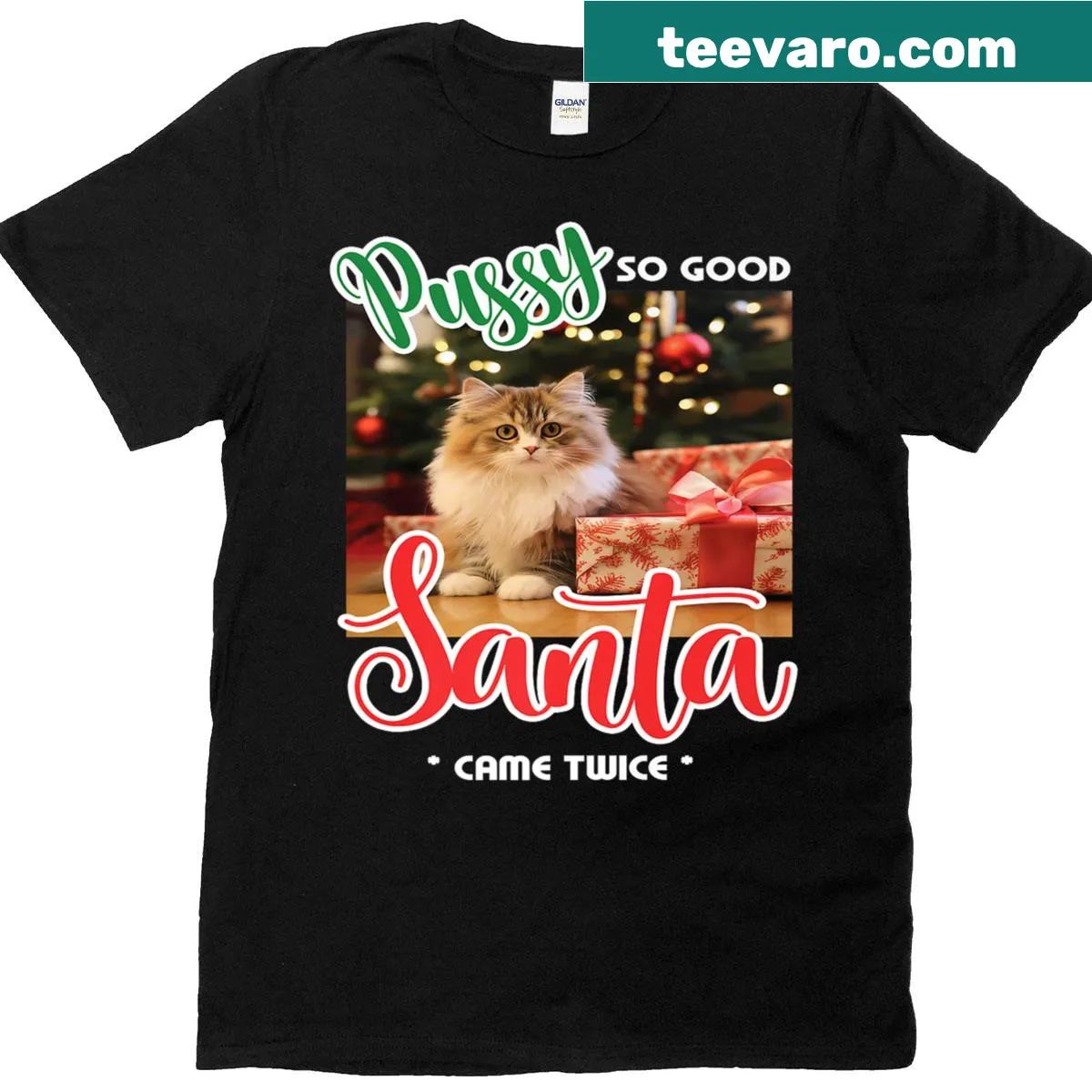 Humorous Christmas shirt with a cat-themed design and playful text — on a men's t-shirt