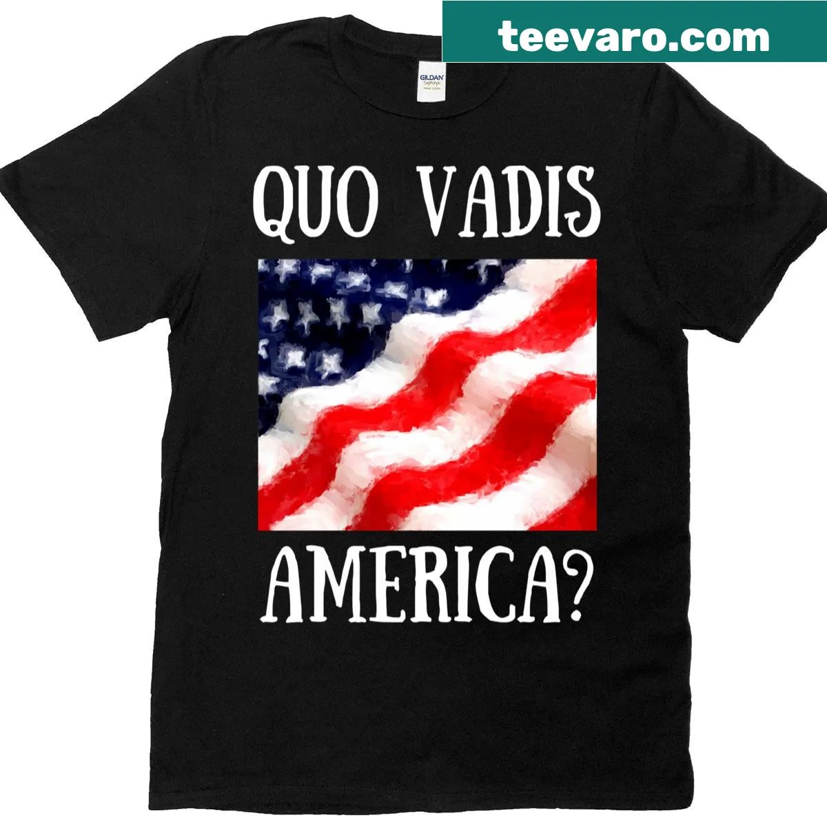 Boldly printed text 'Quo Vadis America' on a t-shirt — on a men's t-shirt
