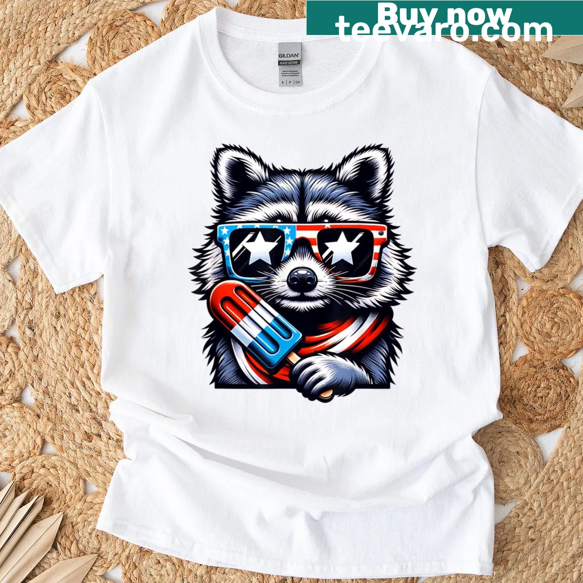 Cartoon raccoon in patriotic attire for Fourth of July — on a men's t-shirt