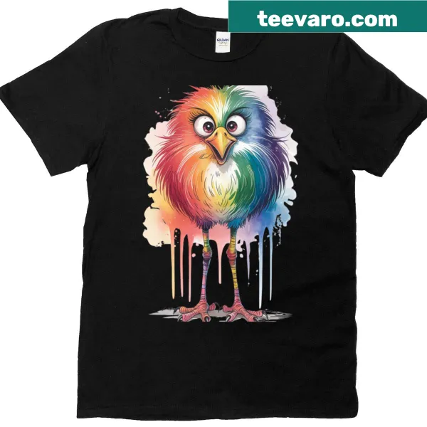 Cartoon-style t-shirt featuring a colorful bird with long legs