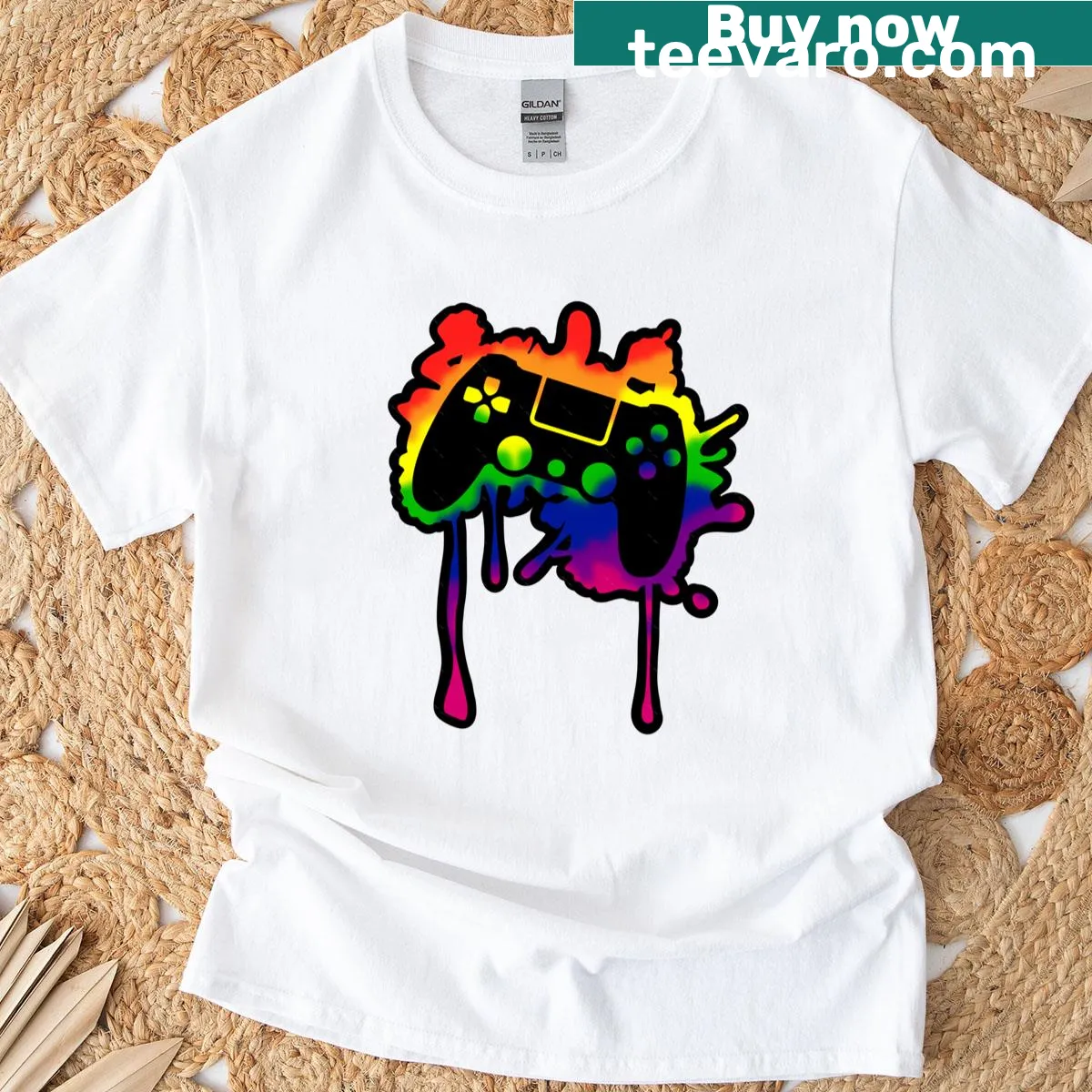 Bold typography t-shirt with 'Gamer' and 'Gaymer' in rainbow style — on a men's t-shirt
