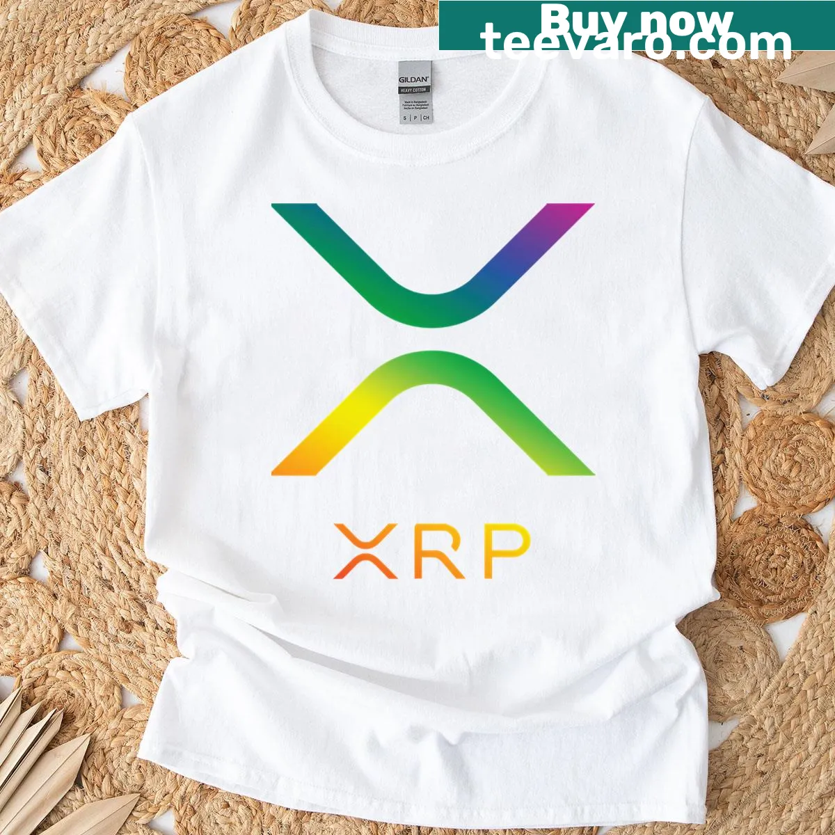 Rainbow gradient XRP Ripple logo on a T-shirt — on a men's t-shirt