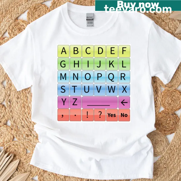 Minimalist rainbow letterboard graphic on a T-shirt