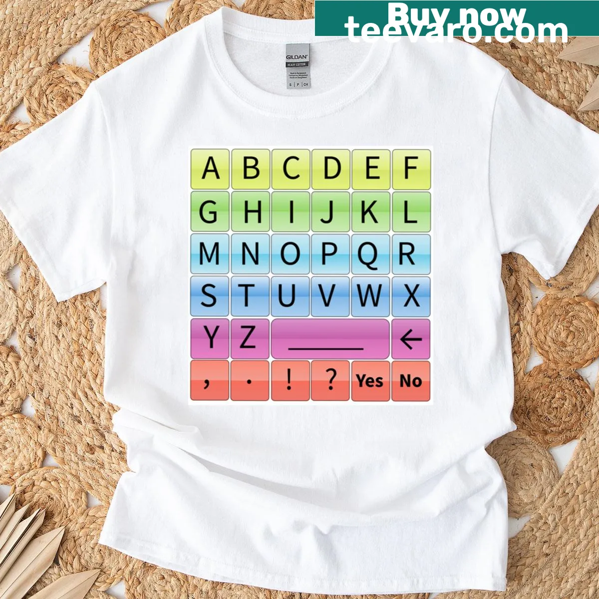 Minimalist rainbow letterboard graphic on a T-shirt — on a men's t-shirt