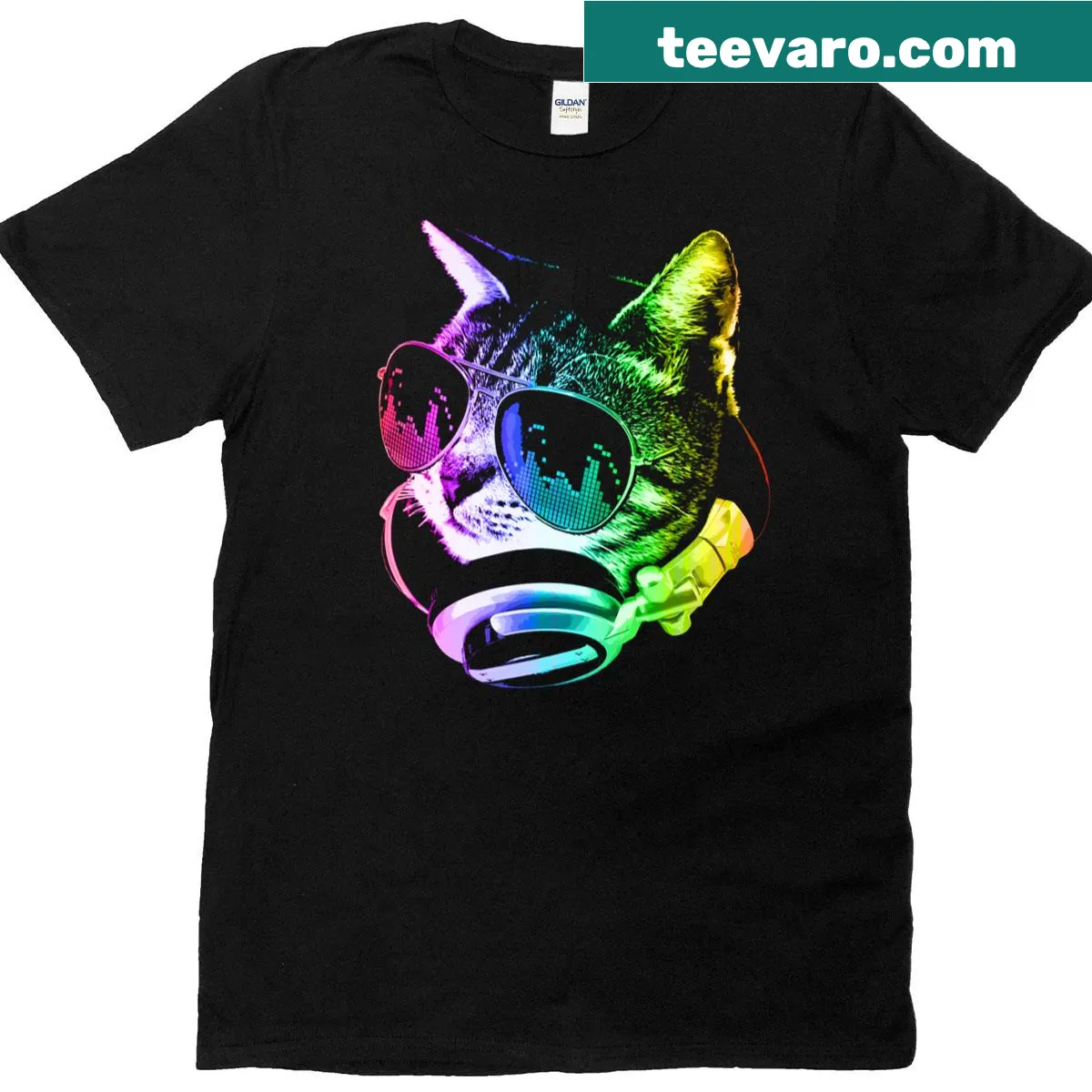 Cartoon cat surrounded by music notes and a rainbow on a T-shirt — on a men's t-shirt