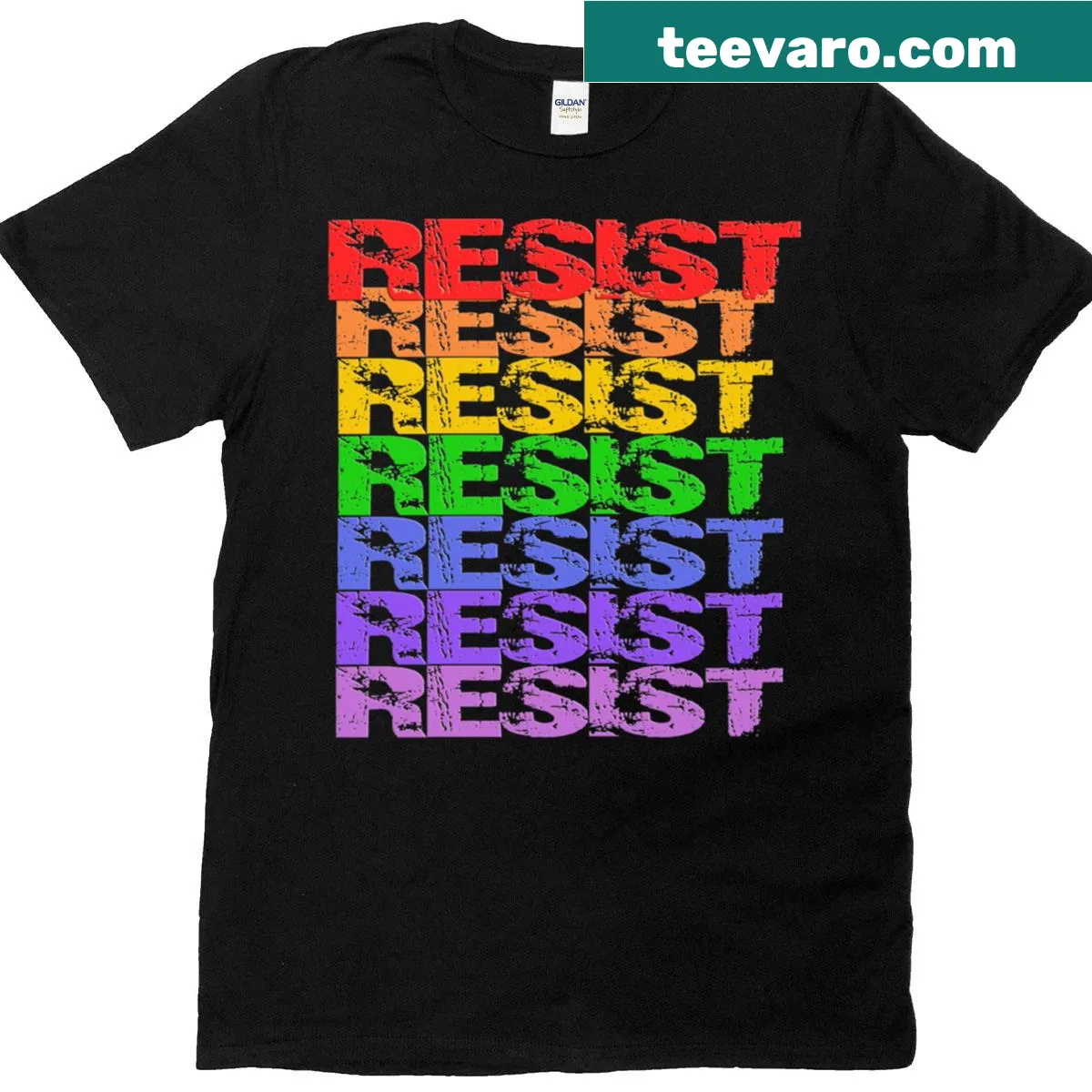 Fitted T-shirt with the word Resist in a rainbow design — on a men's t-shirt