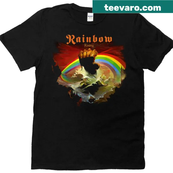 Illustration of a rainbow rising above a landscape on a T-shirt