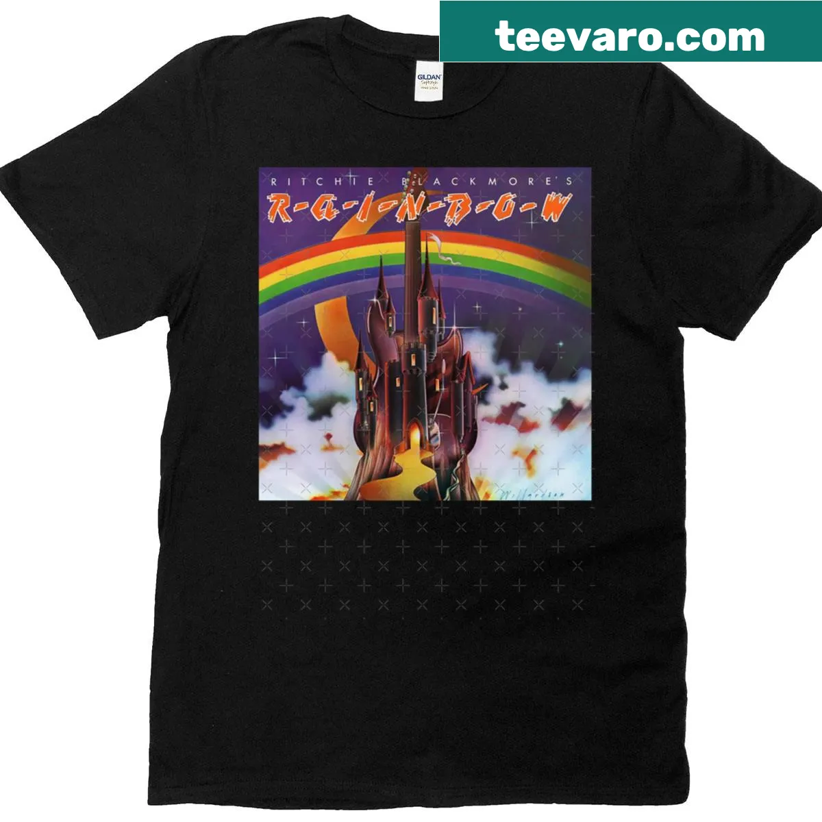 T-shirt celebrating Ritchie Blackmore's Rainbow album from 1975 — on a men's t-shirt