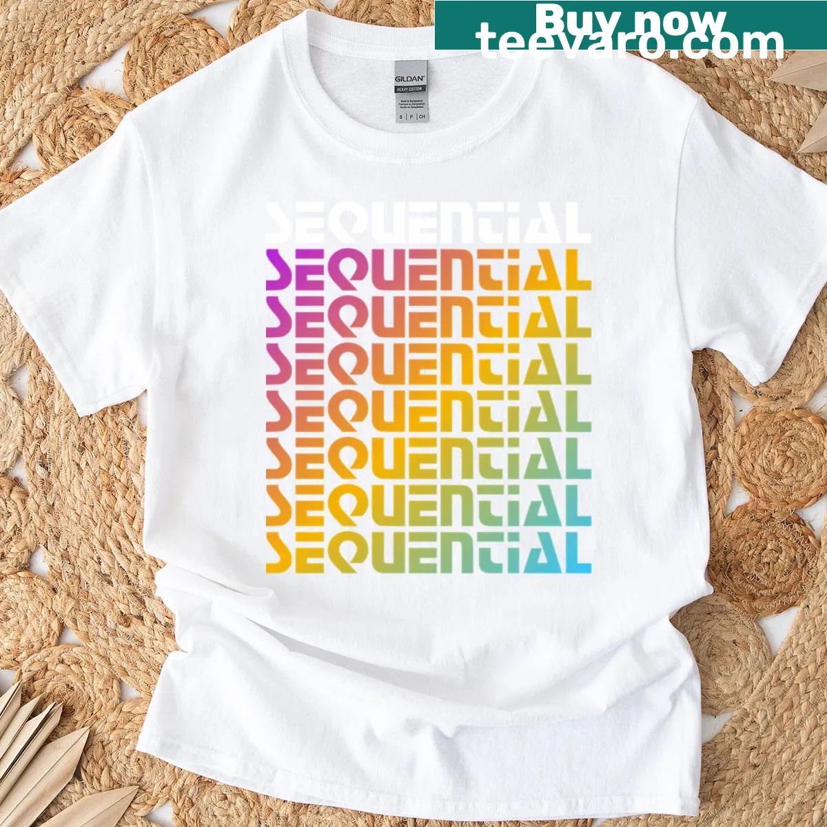 T-shirt featuring a rainbow sequential design with playful typography — on a men's t-shirt