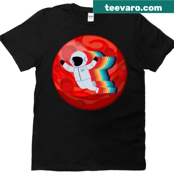 Illustration of a spaceman with a rainbow backdrop on a T-shirt