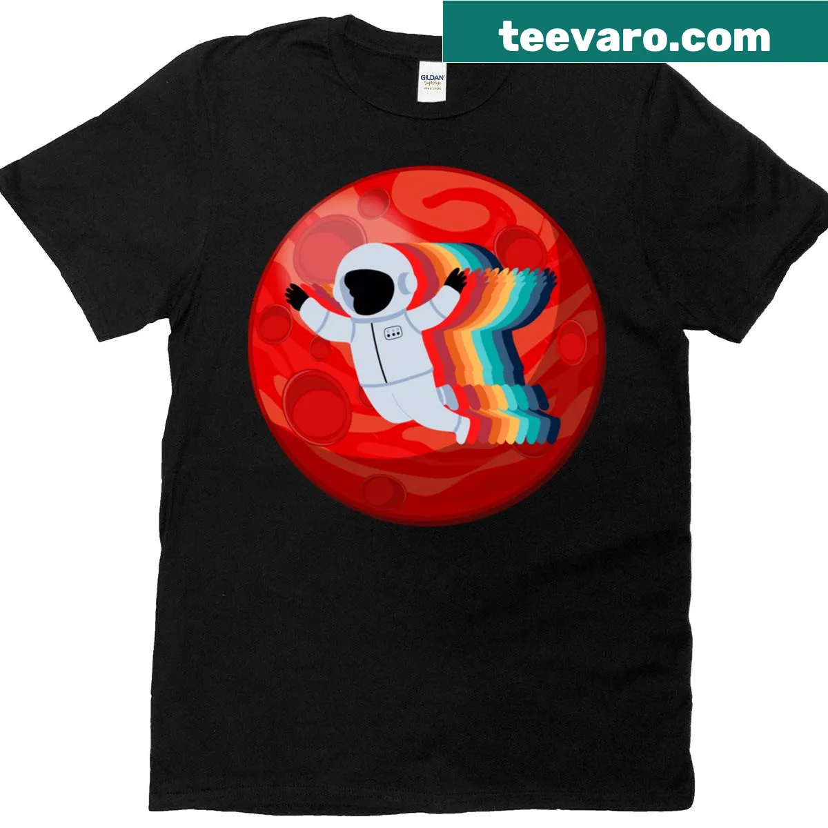 Illustration of a spaceman with a rainbow backdrop on a T-shirt — on a men's t-shirt