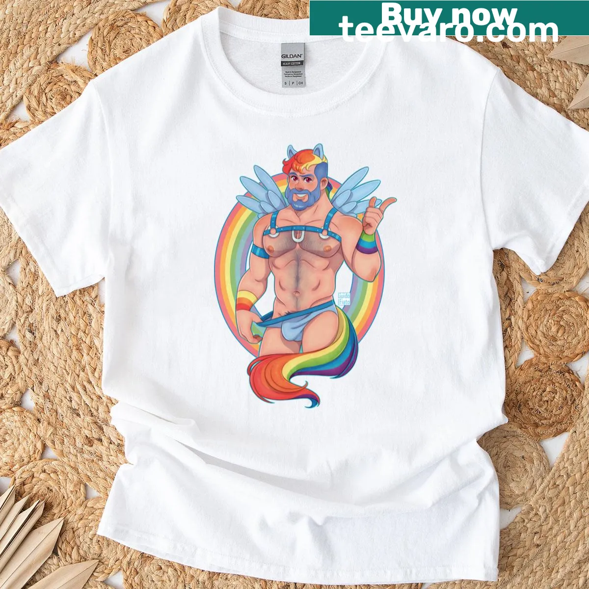 Illustrated rainbow stallion design on a T-shirt — on a men's t-shirt