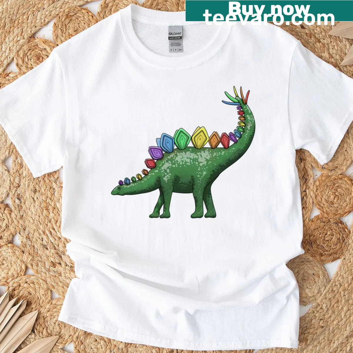 Cartoon stegosaurus with a rainbow design on a t-shirt — on a men's t-shirt