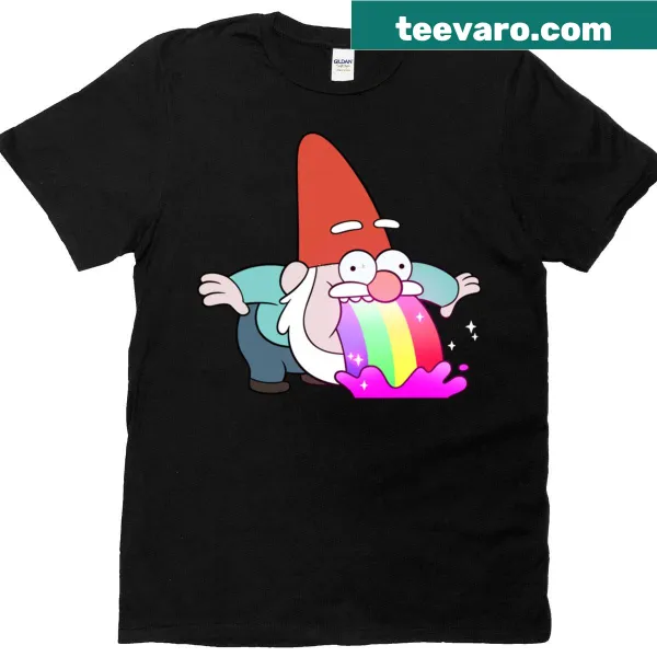 Funny gnome t-shirt with a cartoon gnome vomiting colorful rainbows.